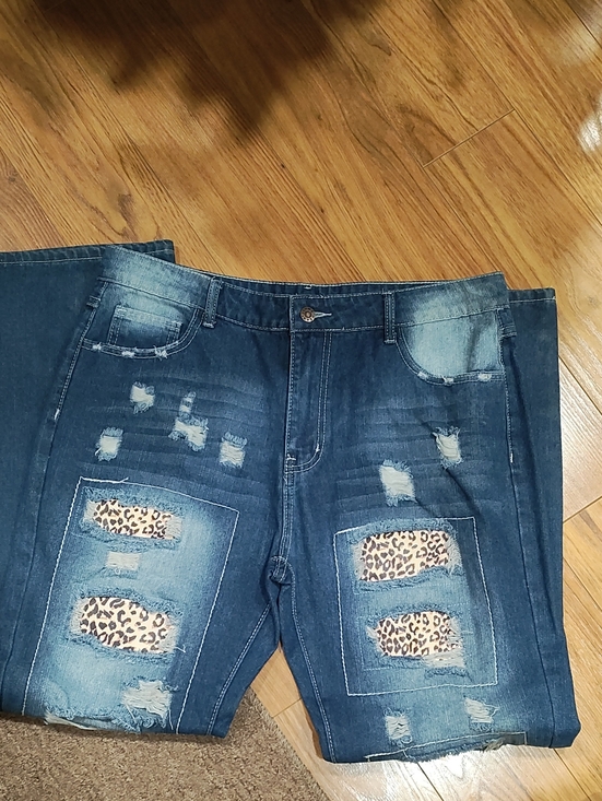 Source Unknown Denim - Source Unknown Dark Blue Distressed Boyfriend Jeans with Leopard Inserts